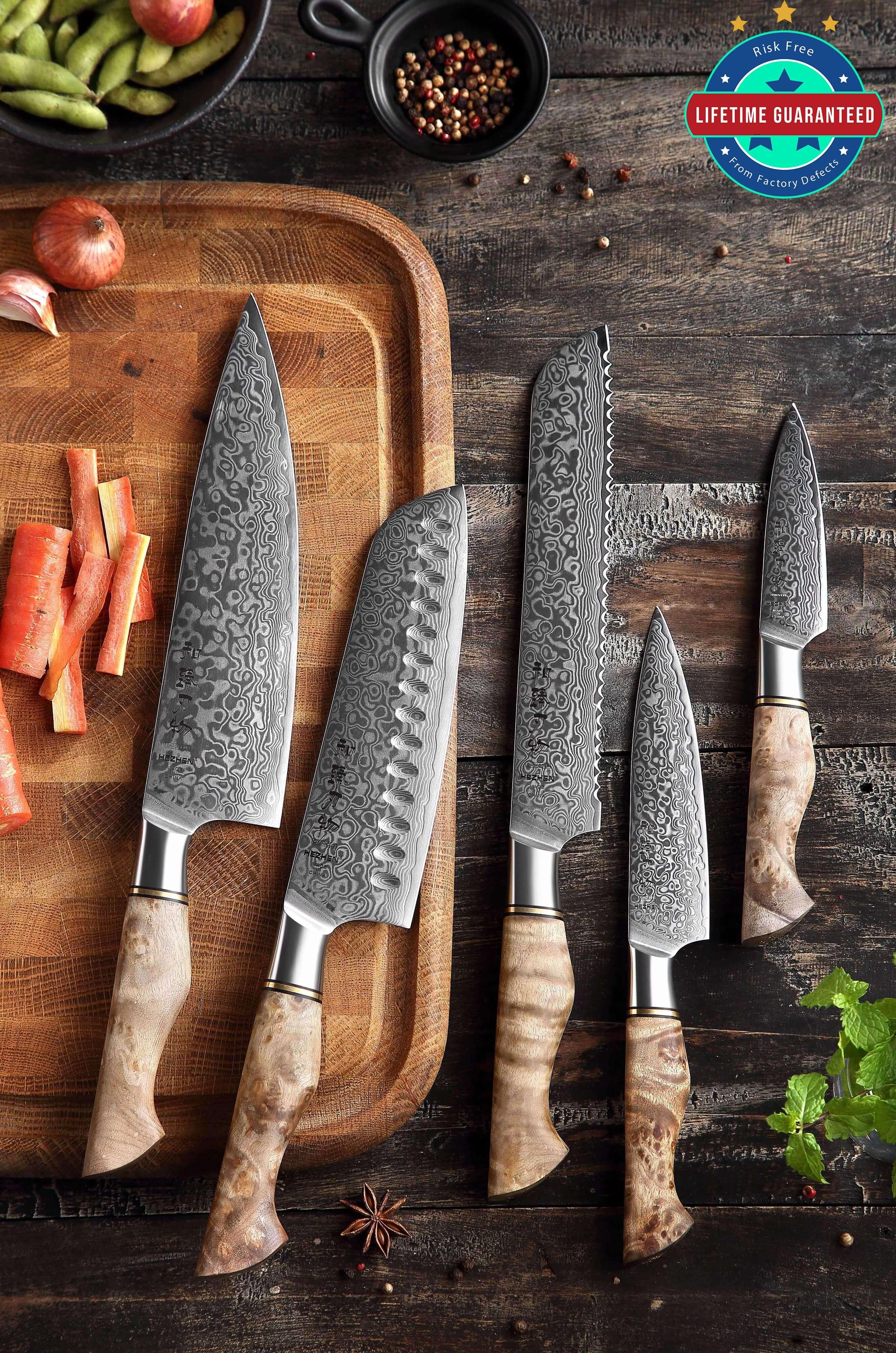 HEZHEN Retro Series 3PC Knife Set 110 Layer Damascus Steel Chef