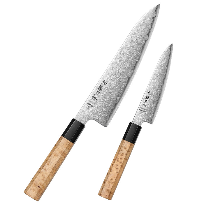 Hezhen 2 Pcs Chef Knife Set Japanese Aogami Blue 2 Steel High Carbon Core 49 Layers Damascus Steel Sycamore Handle