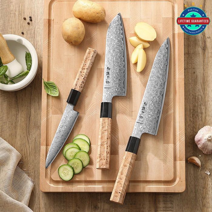 Hezhen 3 Pcs Chef Knife Set Japanese Aogami Blue 2 Steel High Carbon Core 49 Layers Damascus Steel Sycamore Handle