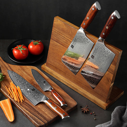 Xinzuo B13R 4 Pcs 67 Layer Damascus Steel Chef Knife Set With Utility, Cleaver & Bone Chopper Rosewood Handles