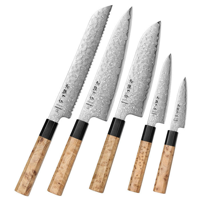 Hezhen 5 Pcs Chef Knife Set Japanese Aogami Blue 2 Steel High Carbon Core 49 Layers Damascus Steel Sycamore Handle