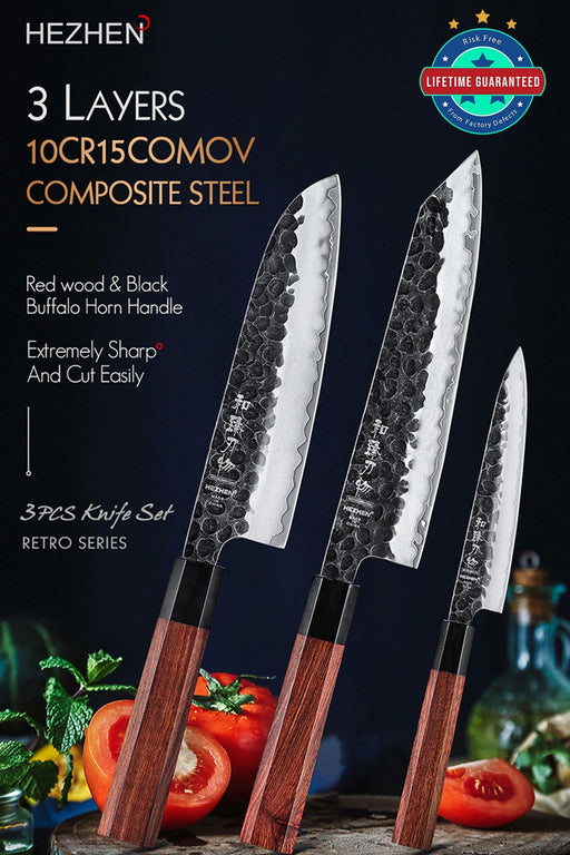 Kitchen Knife Set Chef Santoku Nakiri Magnetic Holder Composite Steel Wood  5Pcs.