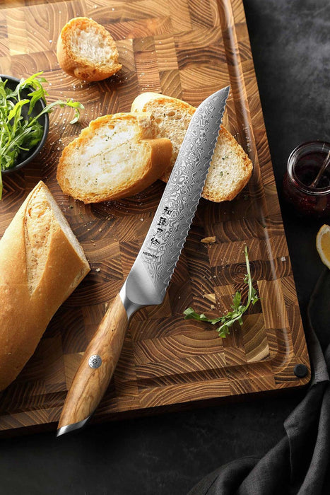 Hezhen X01 Flagship Series 73 Layer Damascus Bread Knife with Olive Wood Handle