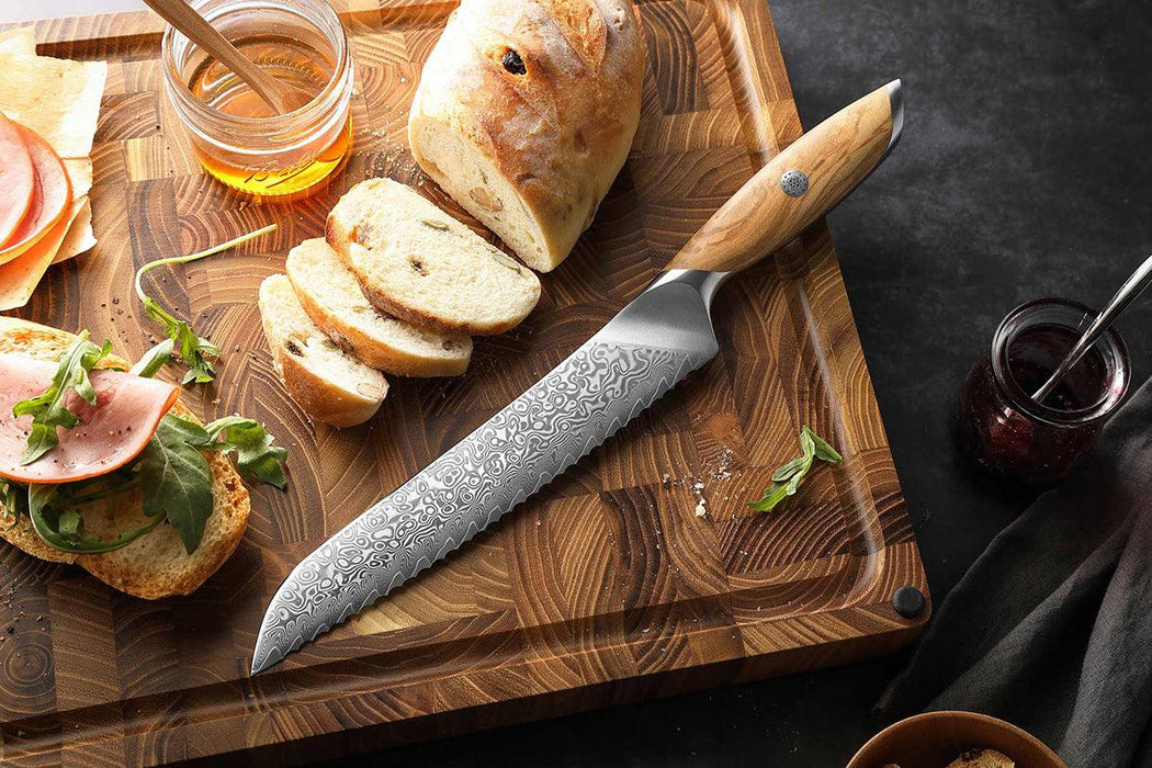 Hezhen X01 Flagship Series 73 Layer Damascus Bread Knife with Olive Wood Handle