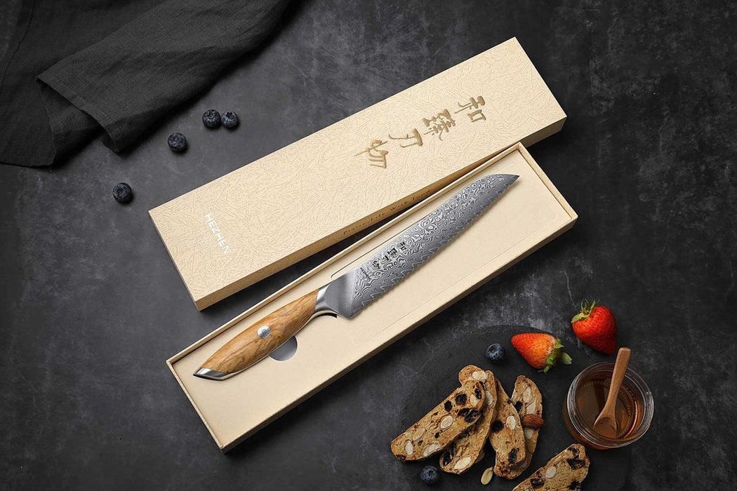 Hezhen X01 Flagship Series 73 Layer Damascus Bread Knife with Olive Wood Handle