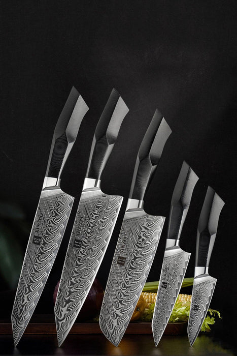 5Pcs Pro Kitchen Knife Set Damascus Pattern Stainless Steel Chef Knives  Cleaver