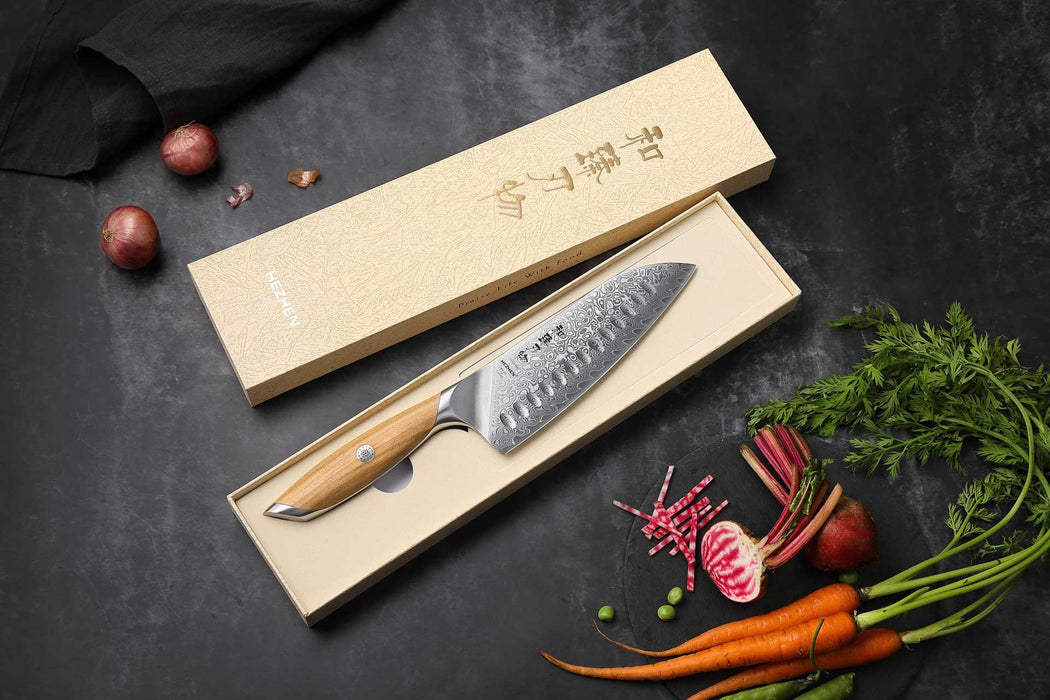 Hezhen X01 Flagship Series 73 Layer Damascus Santoku Knife with Olive Wood Handle