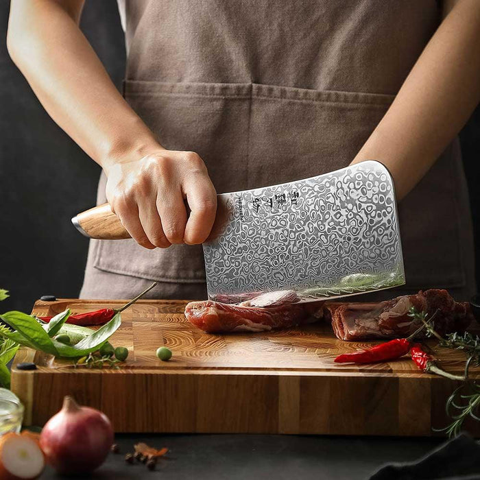 Hezhen X01 Flagship Series 67 Layer Damascus Steel Meat Cleaver Knife with Olive Wood Handle Open Box