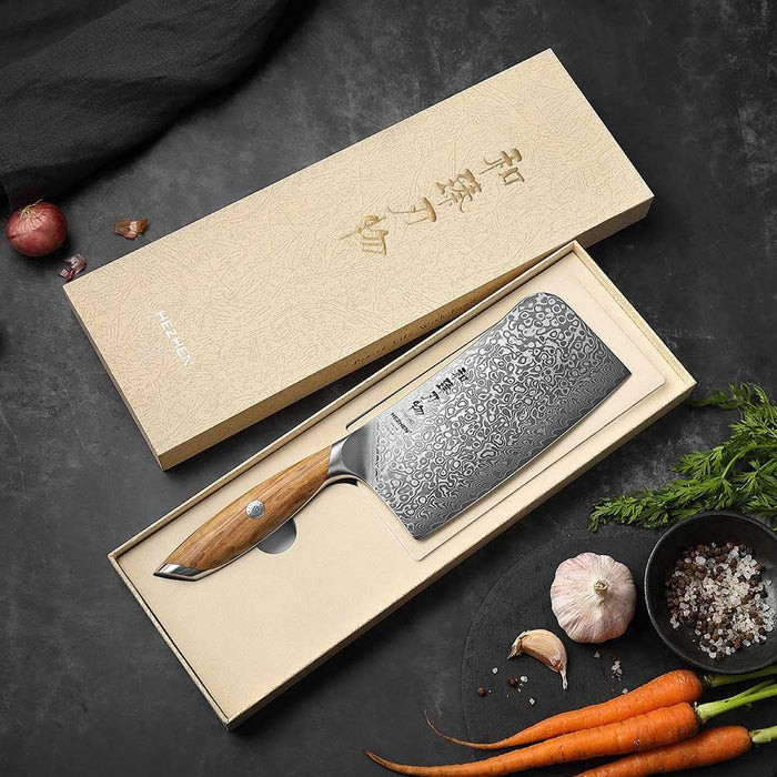 Hezhen X01 Flagship Series 67 Layer Damascus Steel Meat Cleaver Knife with Olive Wood Handle Open Box