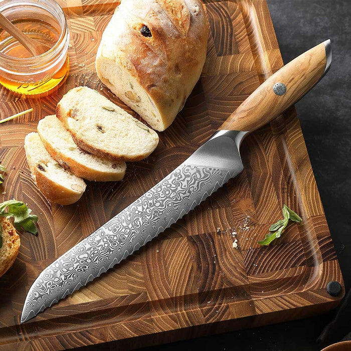 Hezhen X01 Flagship Series 73 Layer Damascus Bread Knife with Olive Wood Handle