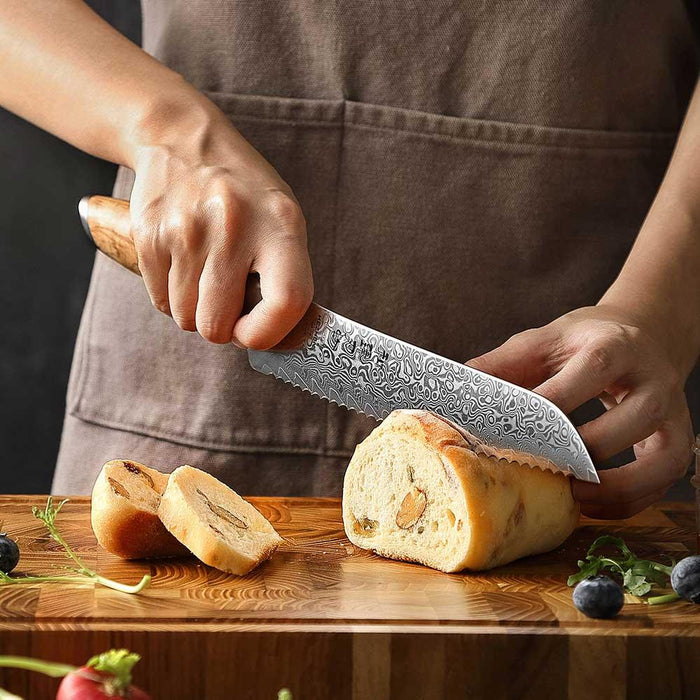 Hezhen X01 Flagship Series 73 Layer Damascus Bread Knife with Olive Wood Handle