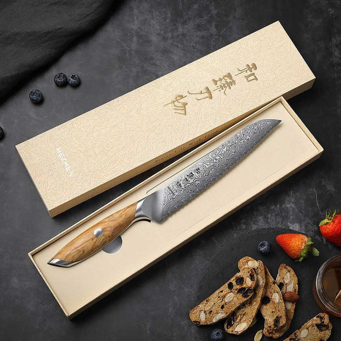 Hezhen X01 Flagship Series 73 Layer Damascus Bread Knife with Olive Wood Handle