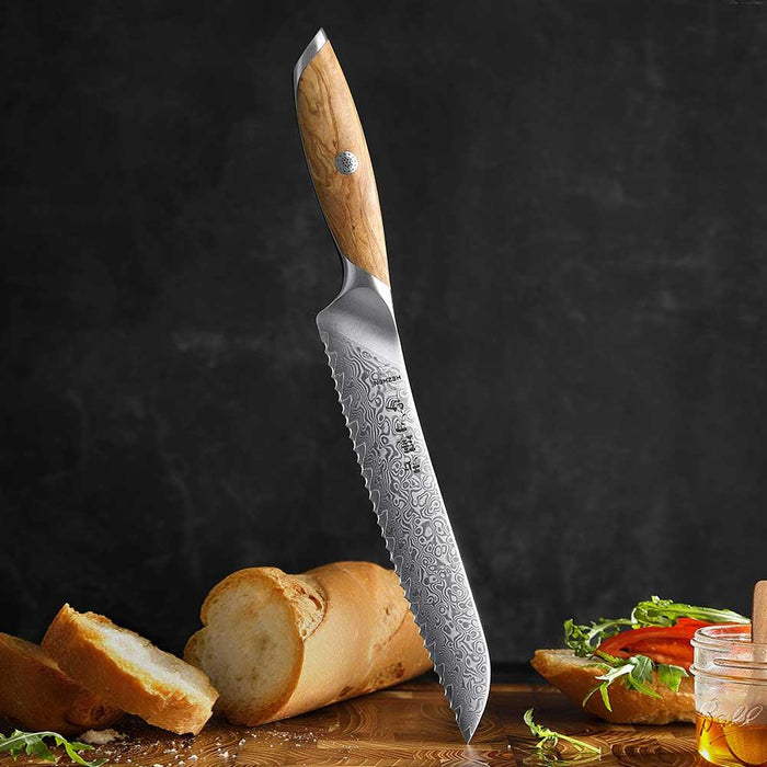 Hezhen X01 Flagship Series 73 Layer Damascus Bread Knife with Olive Wood Handle