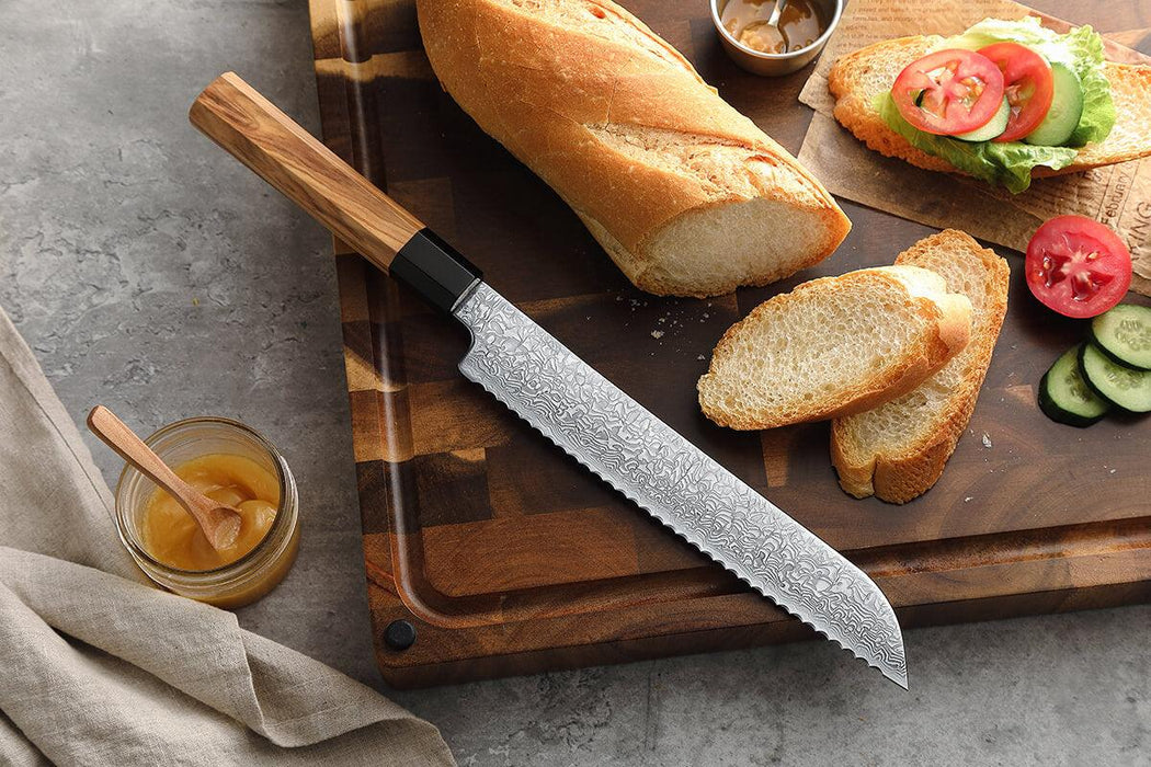 Xinzuo Zhen Series 8.7" 67 Layer Damascus Bread Knife with Olive Wood Handle