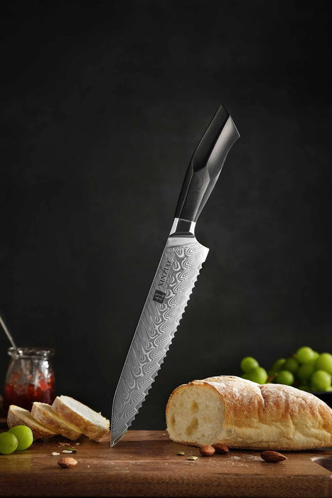 XINZUO B32 67 Damascus Steel Bread knife with Black G10 Handle and Brass Rivet