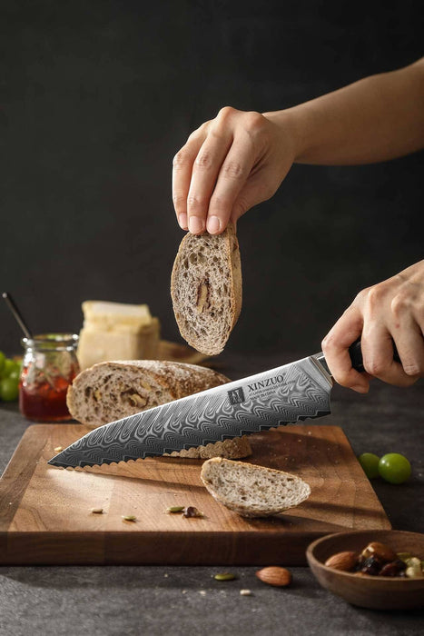 XINZUO B32 67 Damascus Steel Bread knife with Black G10 Handle and Brass Rivet