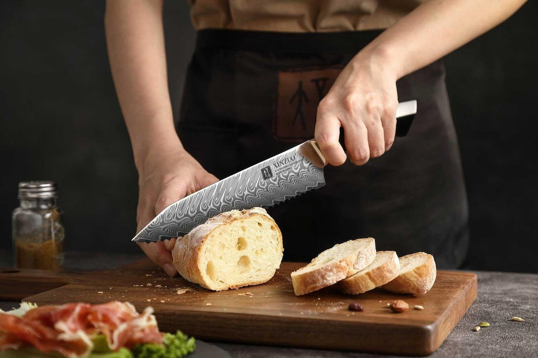 XINZUO B32 67 Damascus Steel Bread knife with Black G10 Handle and Brass Rivet