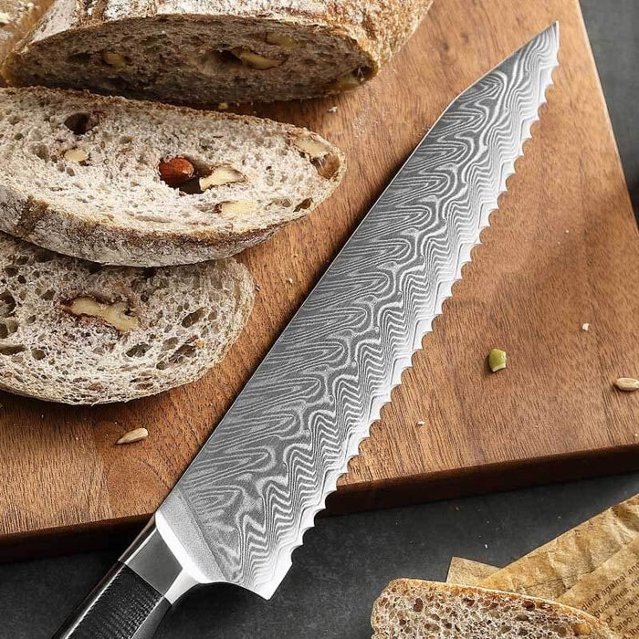 XINZUO B32 67 Damascus Steel Bread knife with Black G10 Handle and Brass Rivet