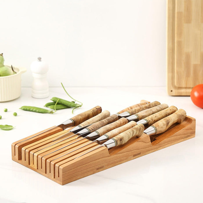 Hezhen 7 & 11 Slot Knife Drawer Organizer Natural Solid Cherry Wood Drawer Knife Holder