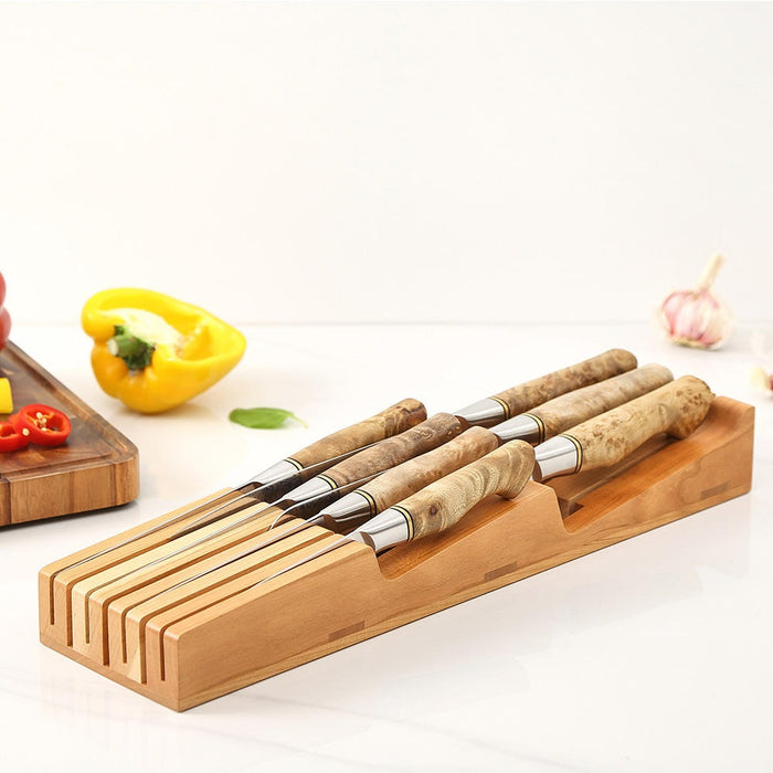 Hezhen 7 & 11 Slot Knife Drawer Organizer Natural Solid Cherry Wood Drawer Knife Holder