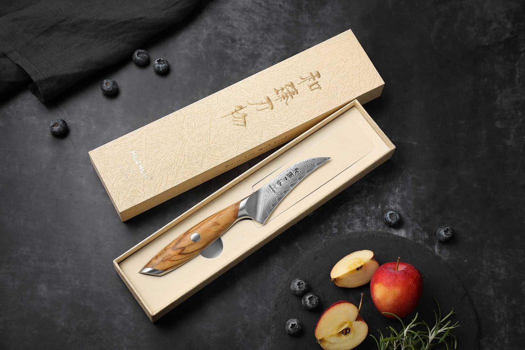 Hezhen X01 Flagship Series 4" 73 Layer Damascus Curved Paring Knife with Olive Wood Handle