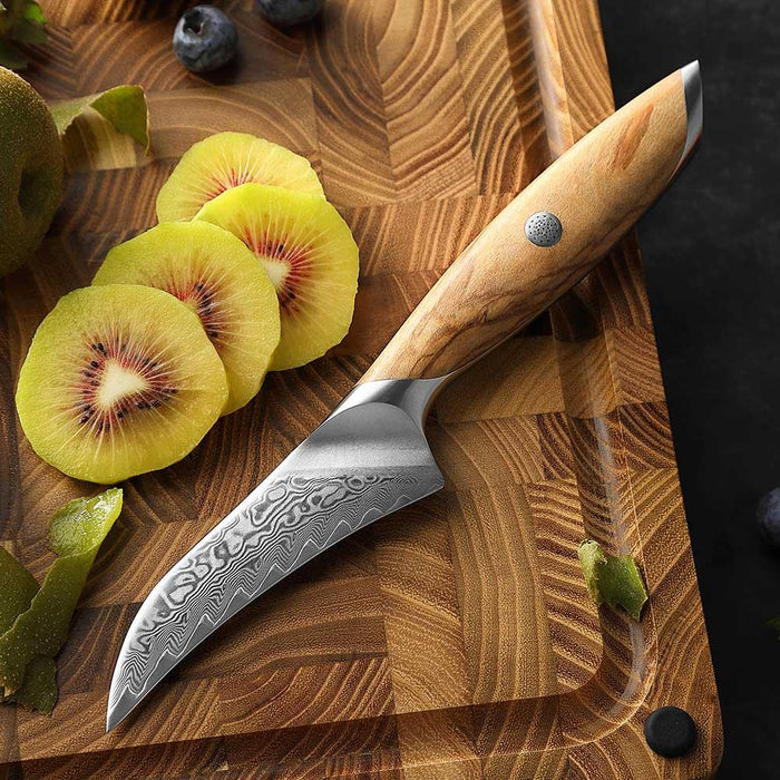 Hezhen X01 Flagship Series 4" 73 Layer Damascus Curved Paring Knife with Olive Wood Handle