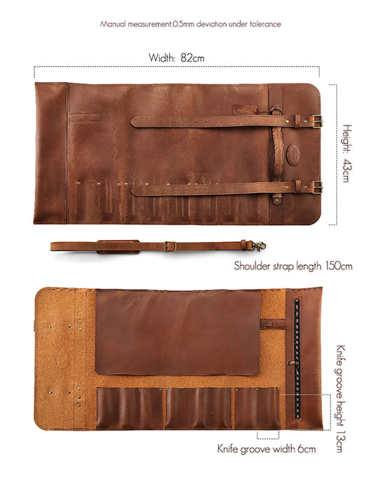 Hezhen High-Quality Full Grain Crazy Horse Leather Professional Chef Roll Bag 8 Slots 1 Zipper Pouch