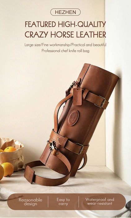 Hezhen High-Quality Full Grain Crazy Horse Leather Professional Chef Roll Bag 8 Slots 1 Zipper Pouch