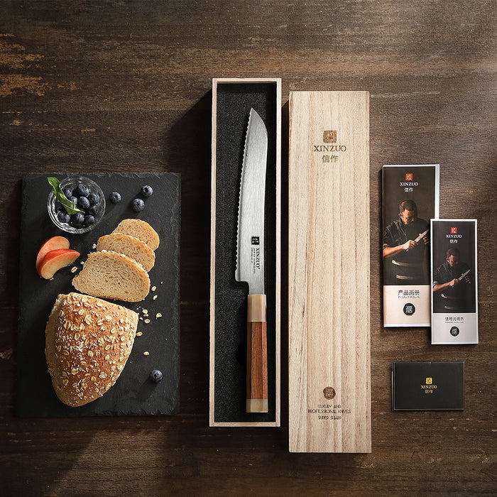 Xinzuo Japanese ZDP-189 Steel Bread Knife High-End Desert Ironwood Handle & Wooden Box