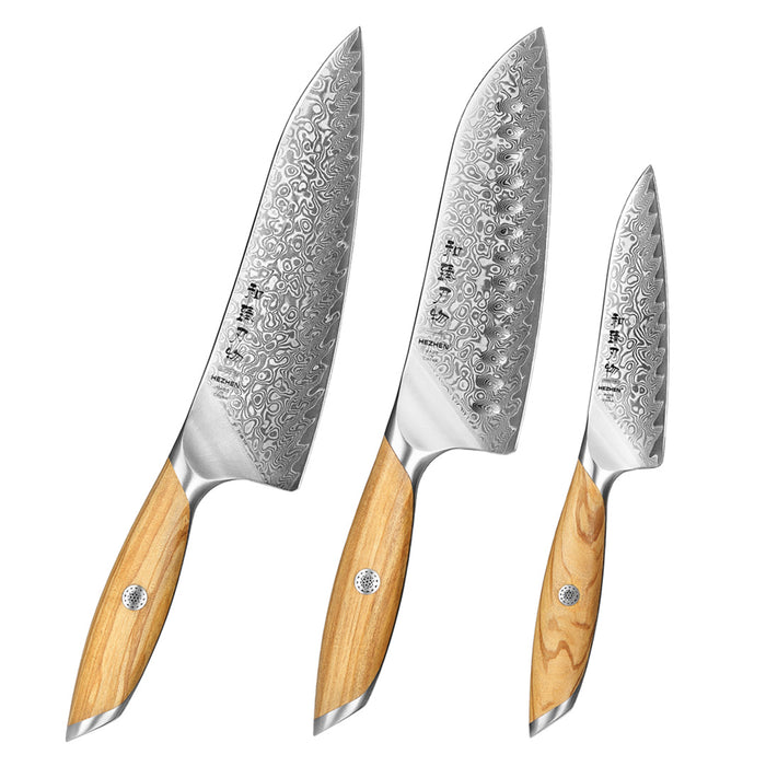 3 Pcs Chef Knife Set 73 Layers Damascus Powder Steel with Olive Wood Handle - X01 Flagship Series